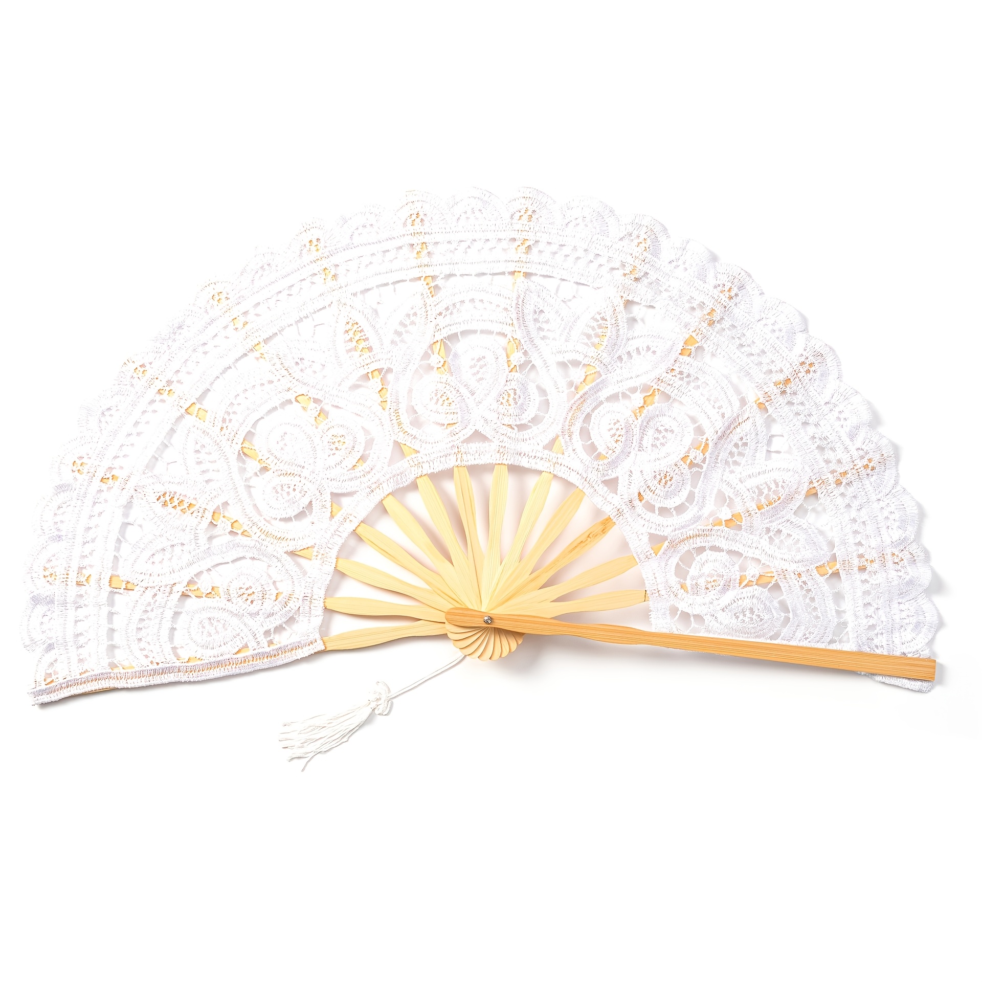 TEMU 1pc Vintage Style Lace Folding Fan, Handmade Bamboo Fan With Tassel, For Women, Bridal, Cosplay, Home And Wedding Decoration