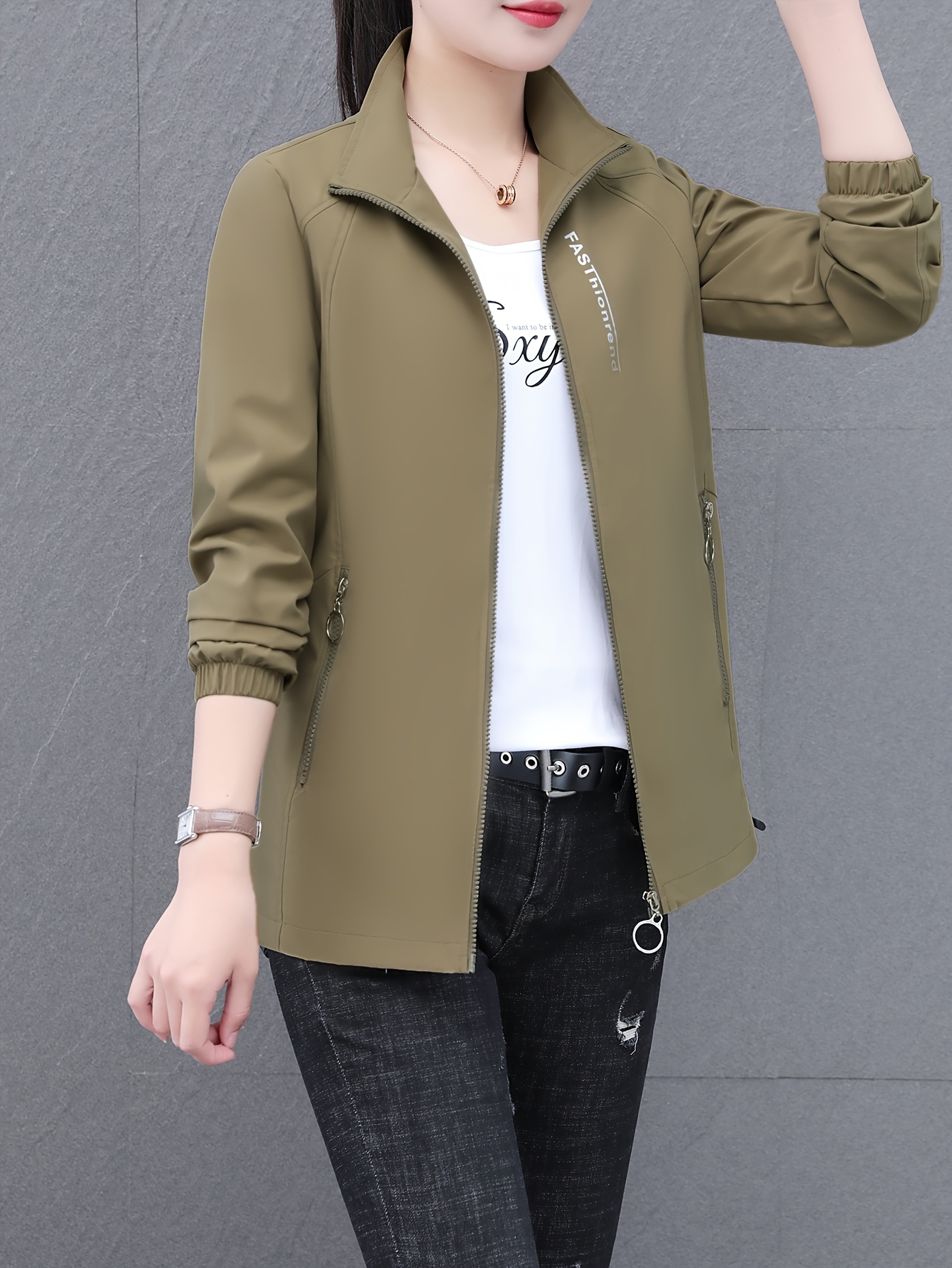women's stand collar sports jacket solid color polyester Temu