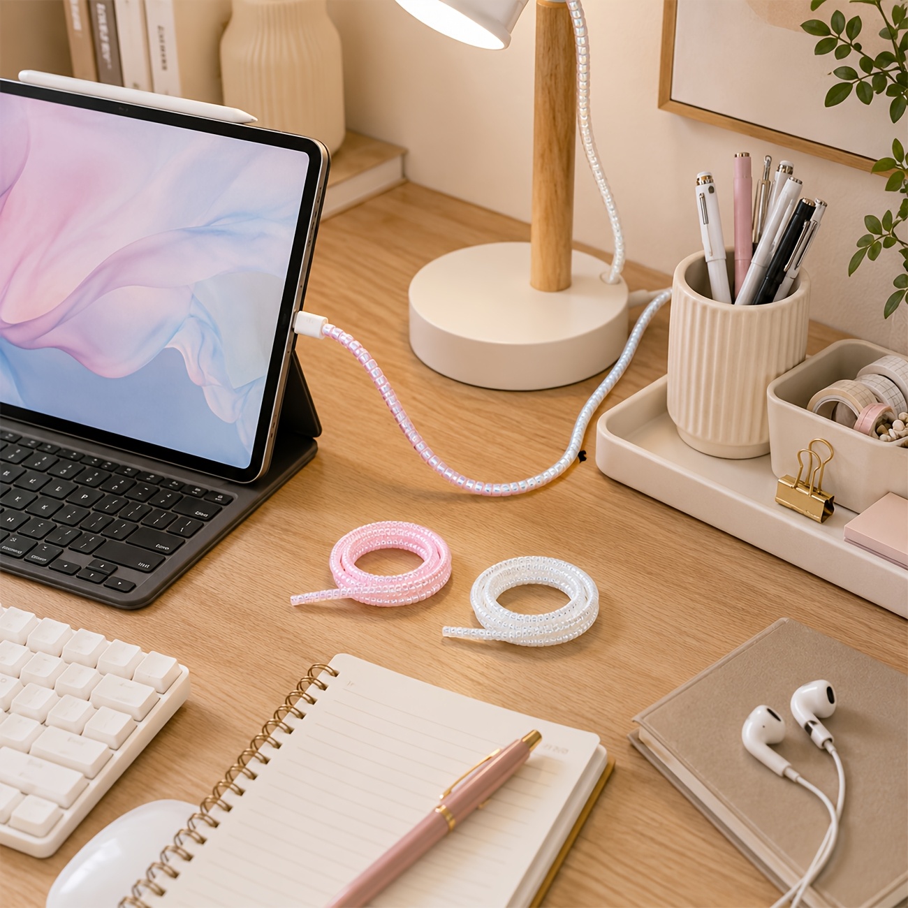 TEMU 2pcs White And Pink Charging Cable Protectors 4.6 Feet Elastic Data Spiral Cord Wire Saver Silicone Sleeve Usb Charger Cable Management For