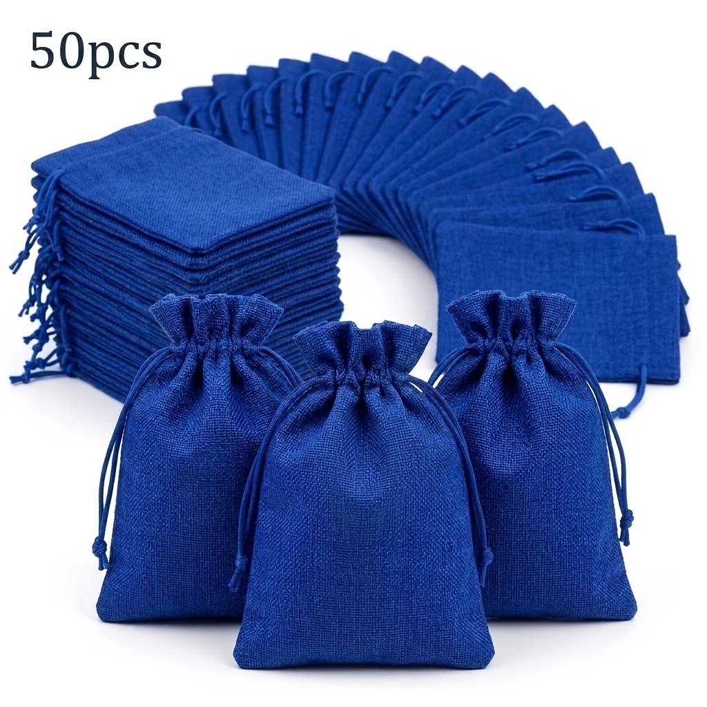 TEMU 50 piezas de bolsitas con cordón de lino azul rey - Arpillera duradera adecuada para recuerdos de boda, bolsas de , sacos de regalo de tela con