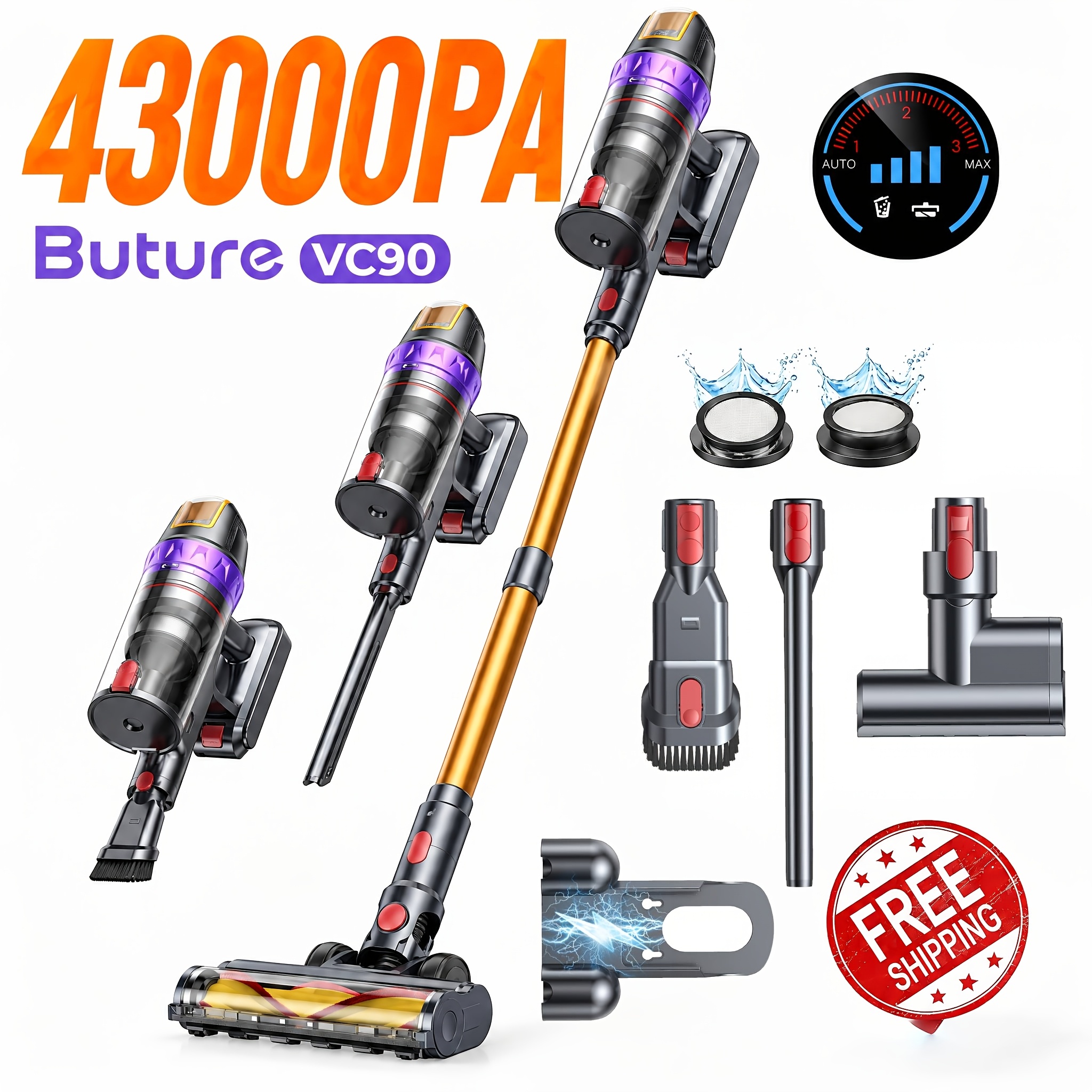 Image of Buture Vc90 Free-standing Cordless Vacuum Cleaner 43kpa, 60-minute With Led Display Powerful Lightweight Cordless 4-in-1 Stick Vacuum Cleaner For Carpet Floor Hardwood Pet Hair