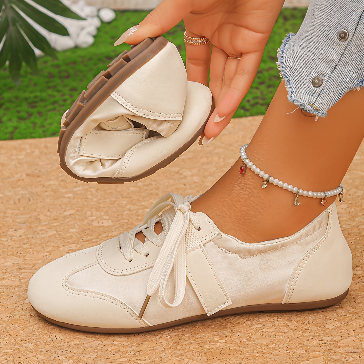 TEMU Women Solid Satin Flat Sneakers, Lace- Lightweight Walking Flats, Minimalist Daily Commuter Casual Footwear, Women Shoes