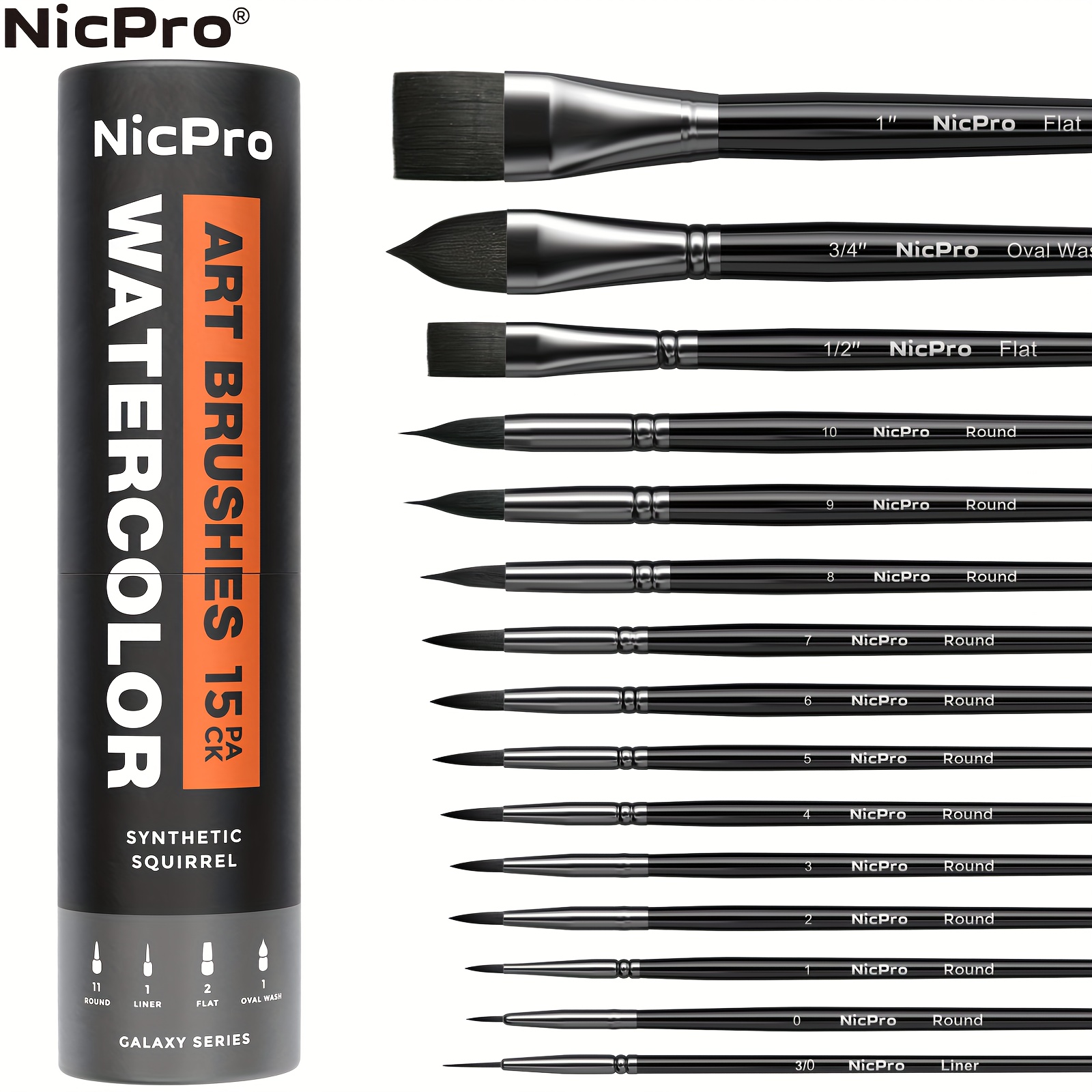 

Nicpro 15pcs Watercolor Paint Brush Set, Professional Watercolor Paint Brushes, Soft Synthetic Fine Squirrel Hair, Round, Flat, , Wash- With Holder & Bag