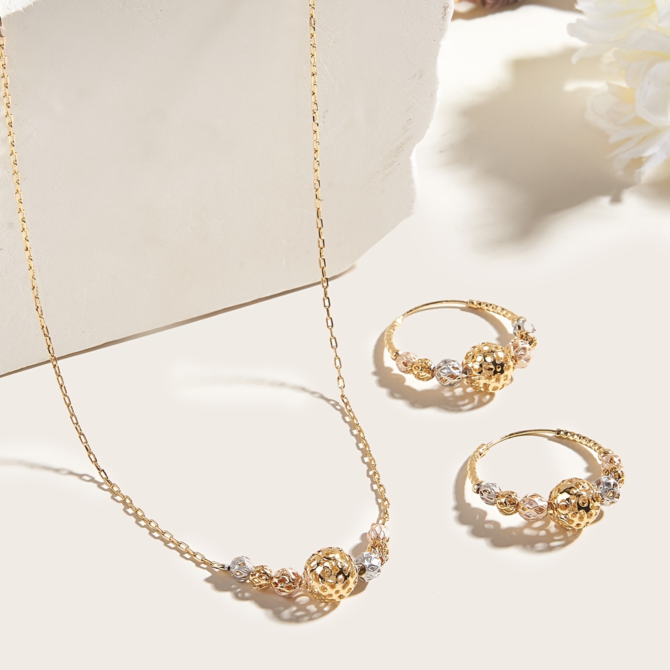 TEMU 3pcs Set: Hollow-out Tricolor Beaded Elegant Women's Jewelry Set, Earrings And Necklace, Versatile Daily Accessories