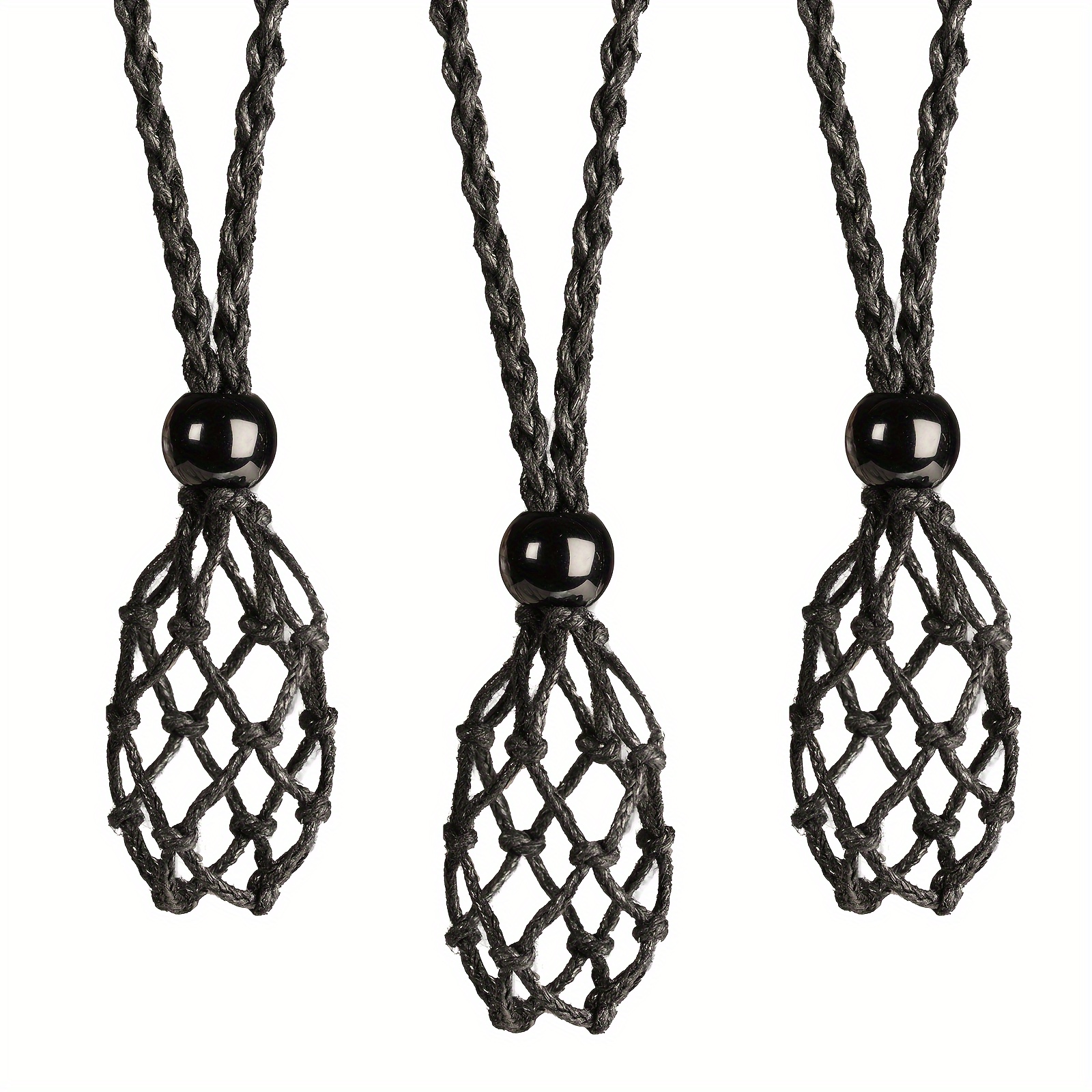 Image of 3pcs Crystal Cage Necklace Holder Necklace Cord Empty Stone Holder Pendant Stone Holder Replacement Hand-woven Necklace Cord With Adjustable Length