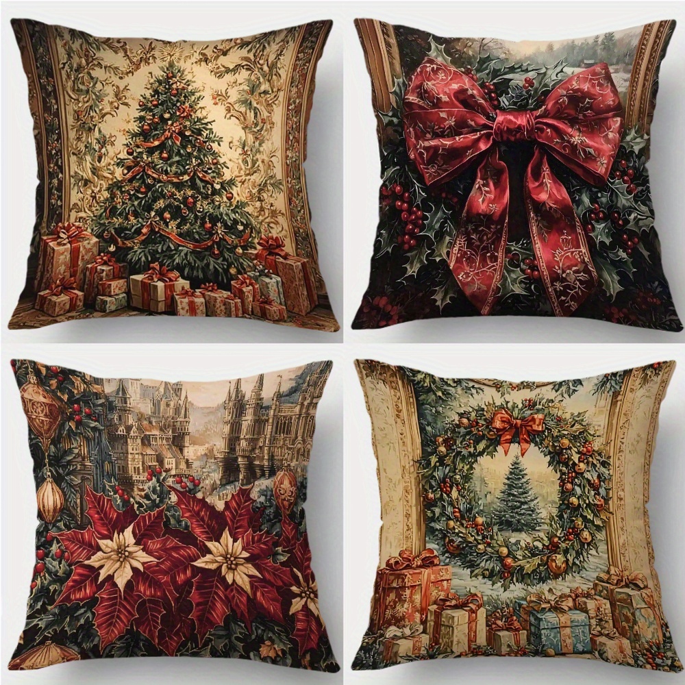 TEMU 4pcs, 2d Flat Printed Pillowcases, Retro, With Christmas Tree, Bow, Castle, Poinsettia, Garland Patterns, . Suitable For Christmas, Holiday