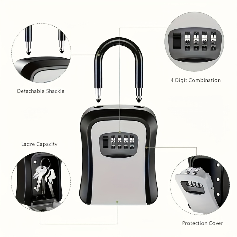 

1pc Weather-resistant Key Lock Box With Detachable Shackle, 4- Combination, Wall Mount & Hanging Hook, Resettable Code, Metal & Plastic Construction, No Battery Required