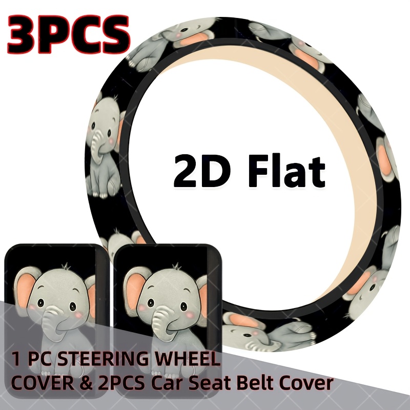 TEMU Set Of 3 Cute Elephant Steering Wheel Cover And Seat Belt Pads, Stylish Design, Long-lasting Material, Collection. Comes With Steering Wheel