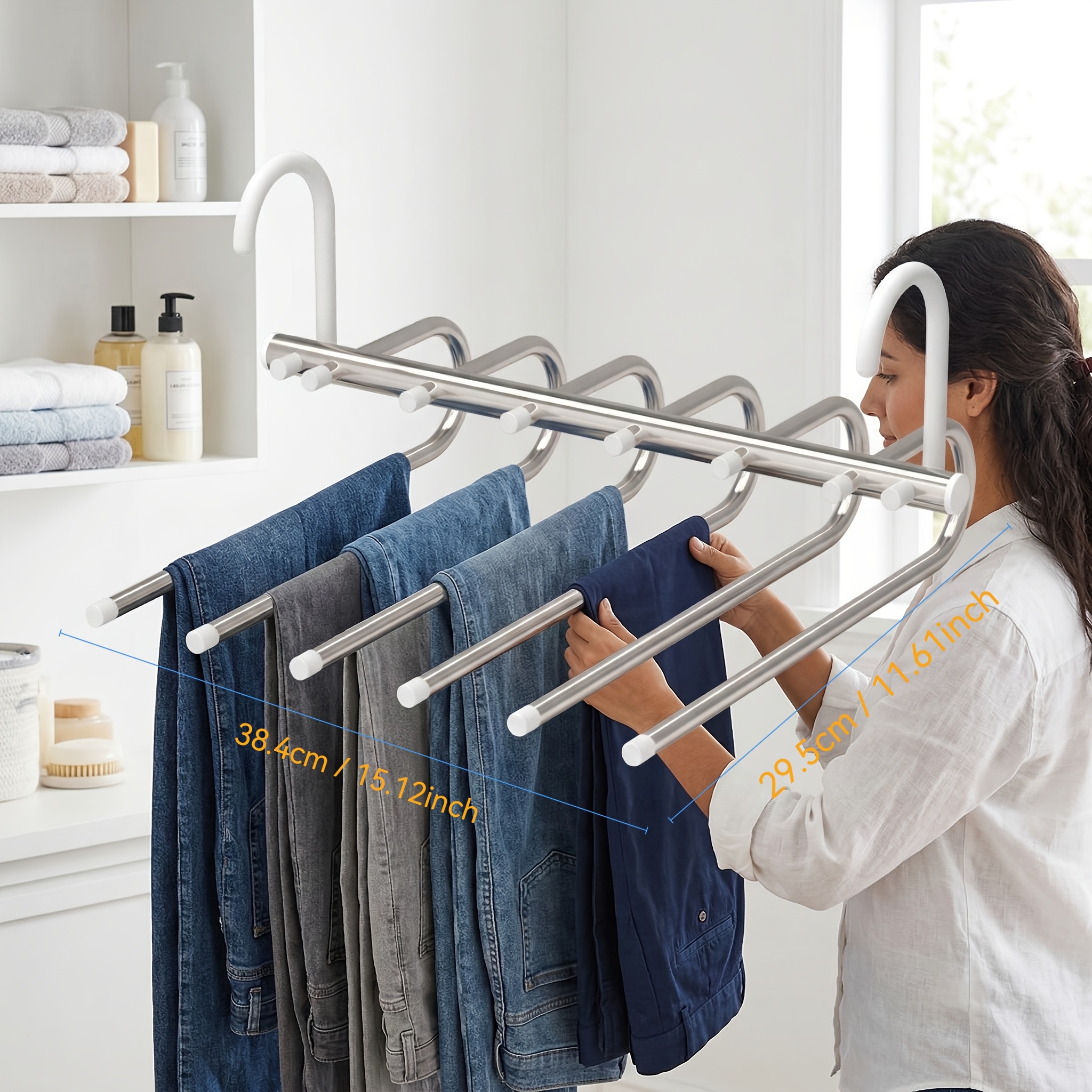 TEMU 1pc - Stainless Steel 6-layer Hanger - Heavy Duty Pants Rack With Non-slip , Space-saving Wardrobe Organizer, Suitable For Rod/ceiling,