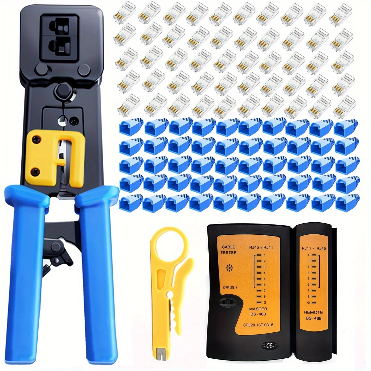 

Rj45 Crimper Tool Set For Cat5e/cat6/cat5, High Carbon Steel Network Cable Crimping With 50 Pass-through Connectors, 50 Covers, Stripper & Tester Kit