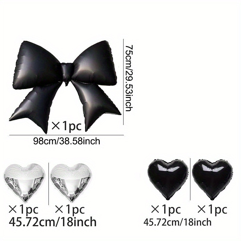 Image of 5pcs 18-inch Black And Silvery Heart Foil Balloon Set With Black Bow Foil Balloons, Camping Theme Party Decorations, Graduation Bridal Gift Party Backdrop, Wedding Birthday Party Decorations