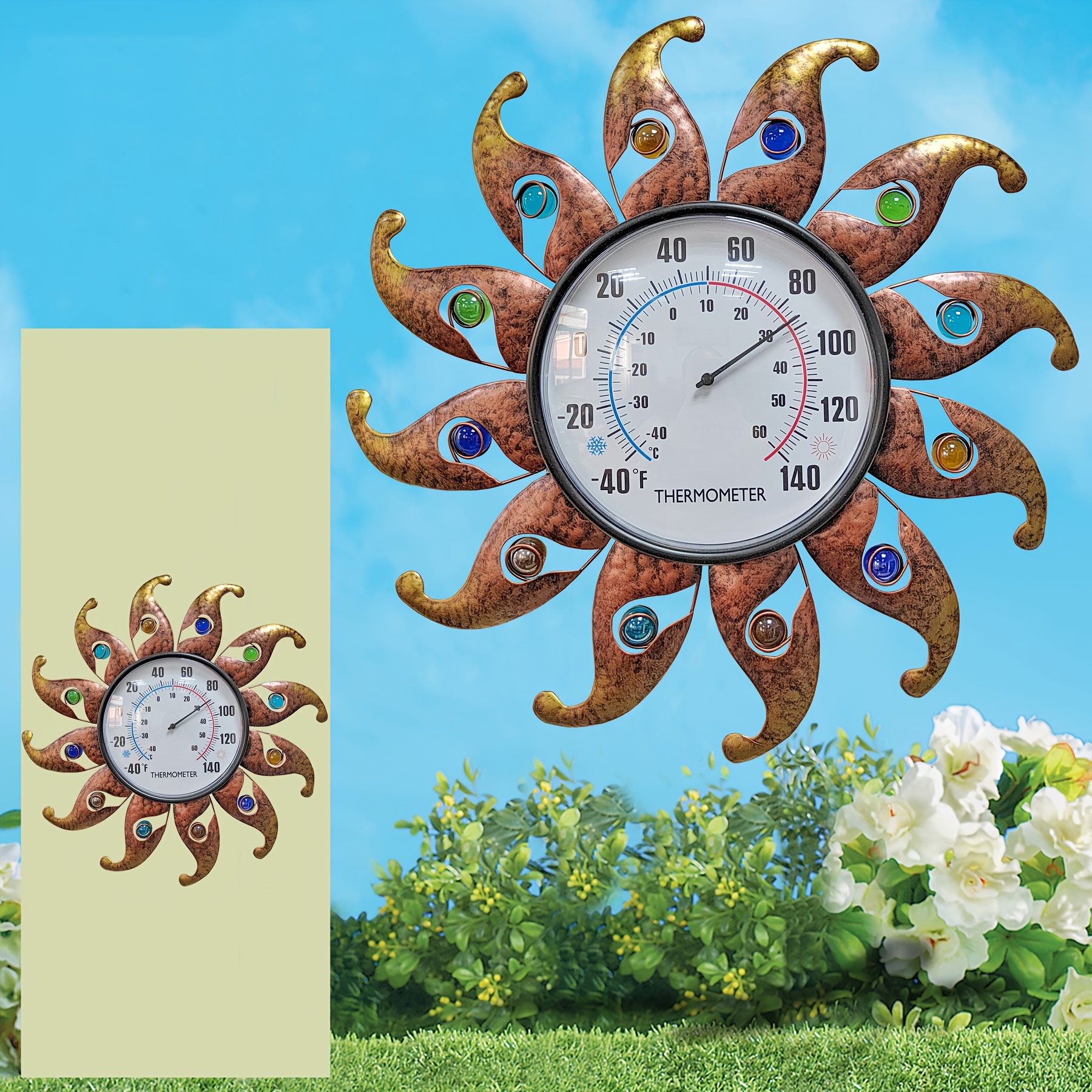 Grand Thermomètre Mural Décor Fleur 50 Cm – Pour Intérieur Ou Extérieur, Pratique Et Sympa