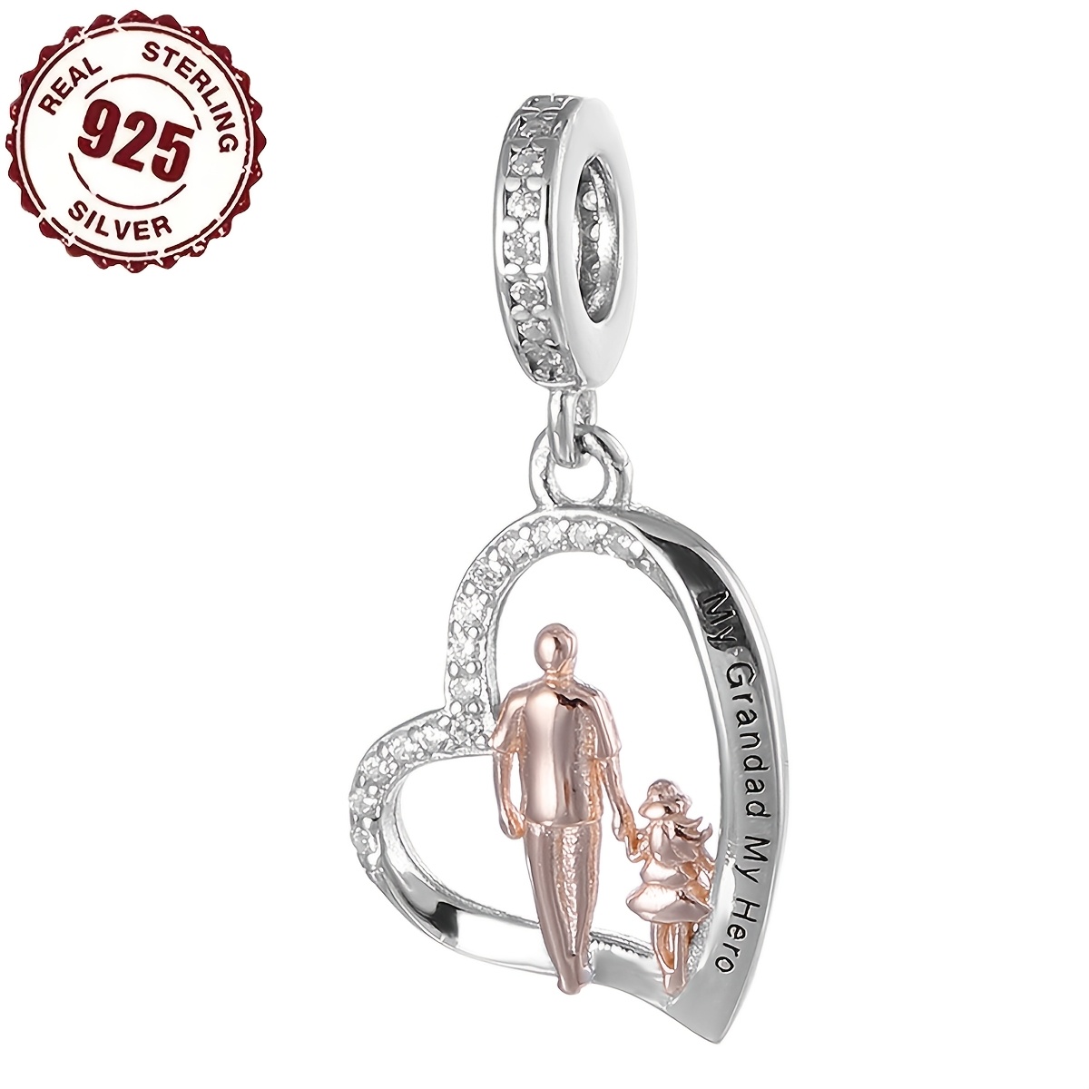 

925 Sterling Silver "my Grandad My Hero" Charm Pendant, 1.7g, For Original Bracelets And Necklaces