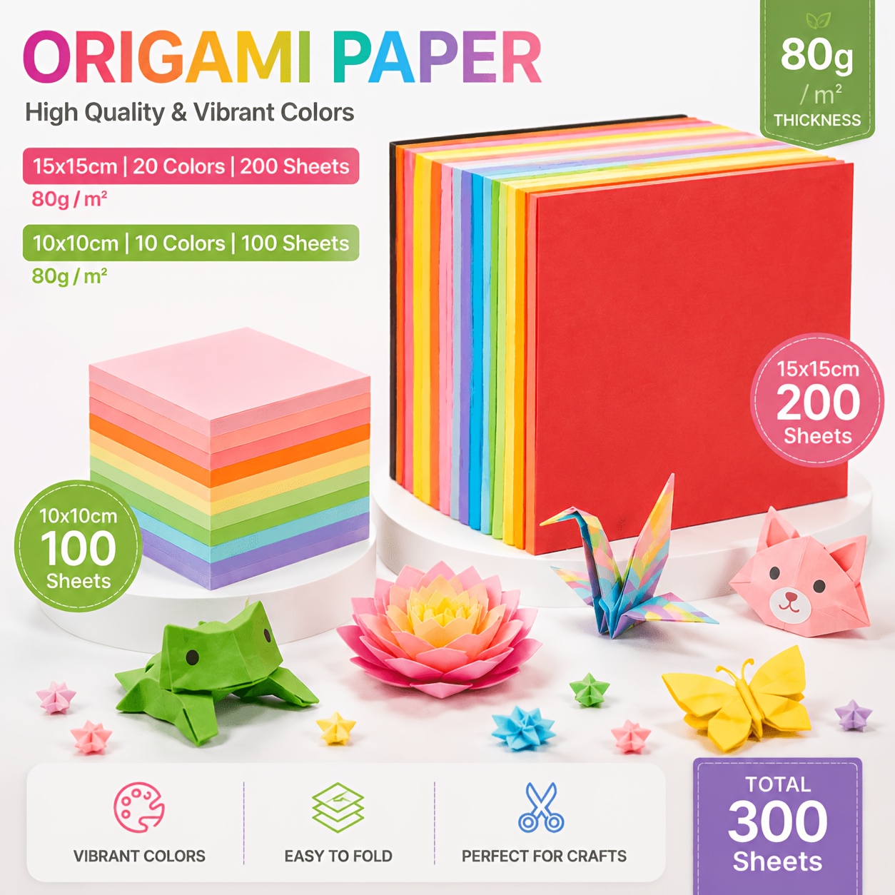 TEMU Set di carta per origami da 300 fogli, 80 g/m簡, carta colorata vivace, doppie misure 15x15 10x10 cm, 20+10 colori vivaci , carta pieghevole per