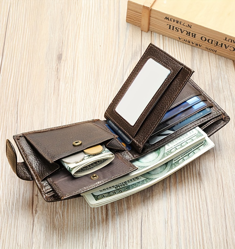 Men'S Genuine Leather Wallet, Minimalist Multi-Grid Card Case, Top Layer Cowhide Short Wallet