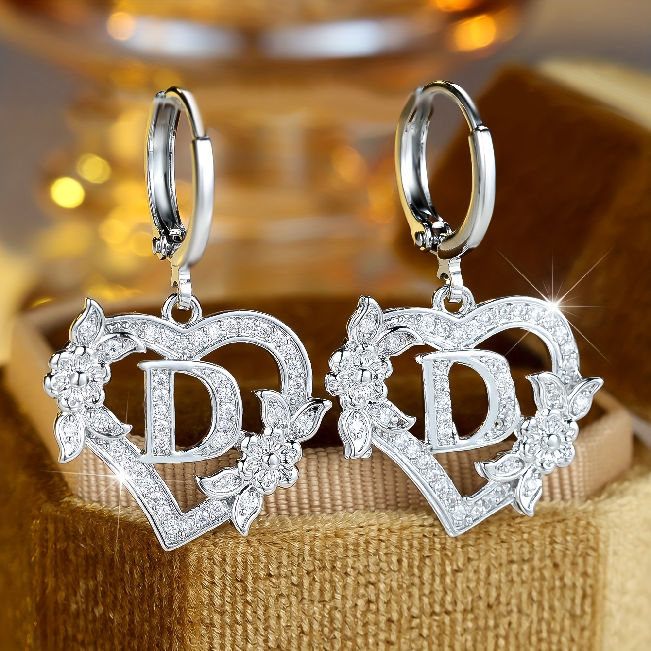 TEMU Angol Exquisite Earrings Featuring Heart-shaped Engravings Of The A-z, With A Floral Ultra-sparkling Synthetic Synthetic Zirconia Pendant.