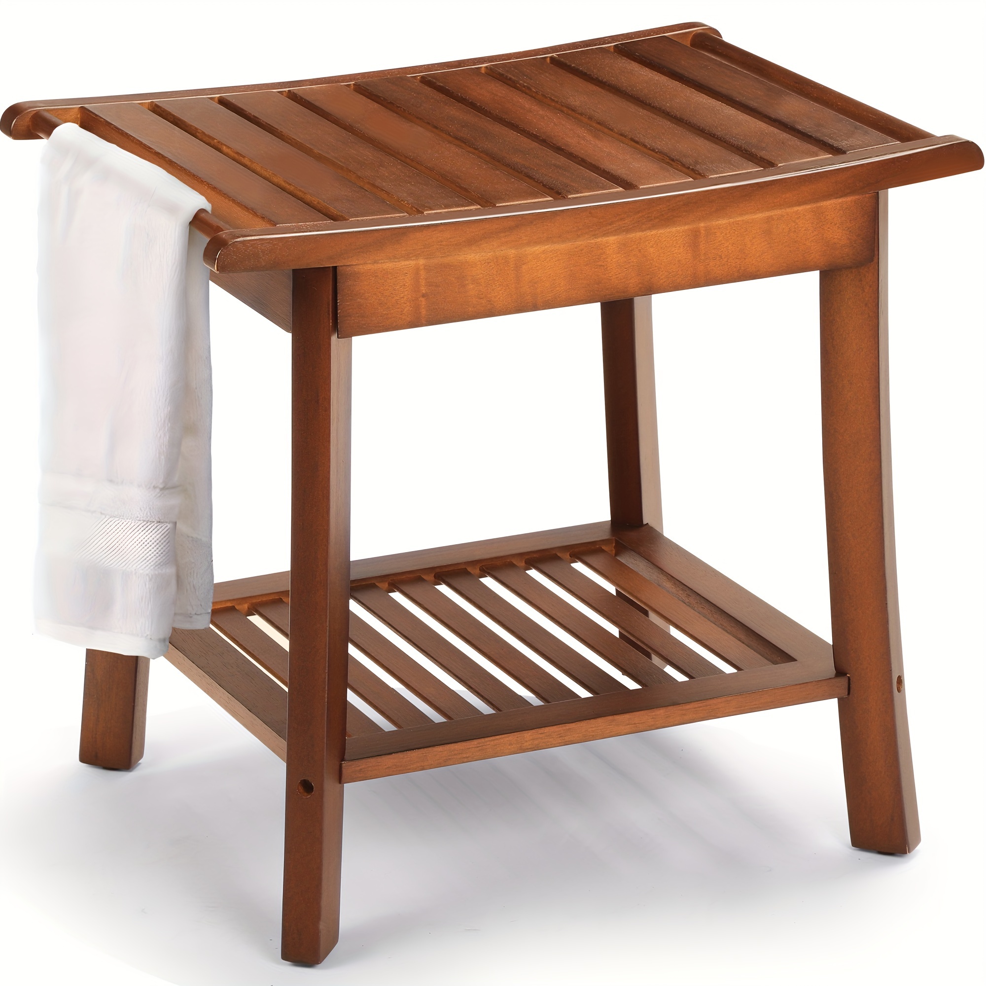 

Teak Wood Shower Bench With Water-resistant, Sturdy And Versatile Stool For Bathroom, Equipped With Storage Shelf - Ideal For Elderly, Assembly Required