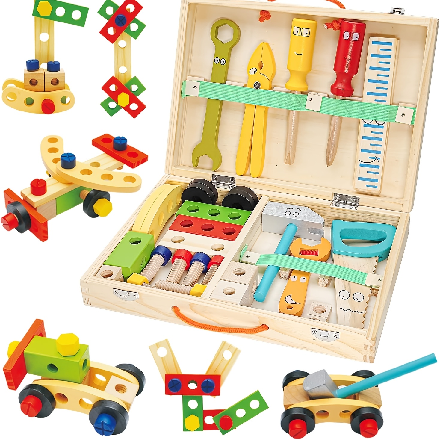 Image of Wooden Toolbox, 34pcs, Wooden Toys For Kids, Tool Set, Wooden Tools, Car Toy, Toys For Children 3+ Years Old, Boys And Girls
