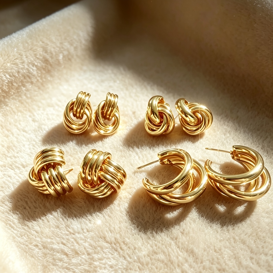 TEMU 4 Pairs Metal Twisted Earring Set, Light Luxury Ear Jewelry, Commuter All-match Additions, Suitable For Wedding, Prom, Holiday Gifting, Daily