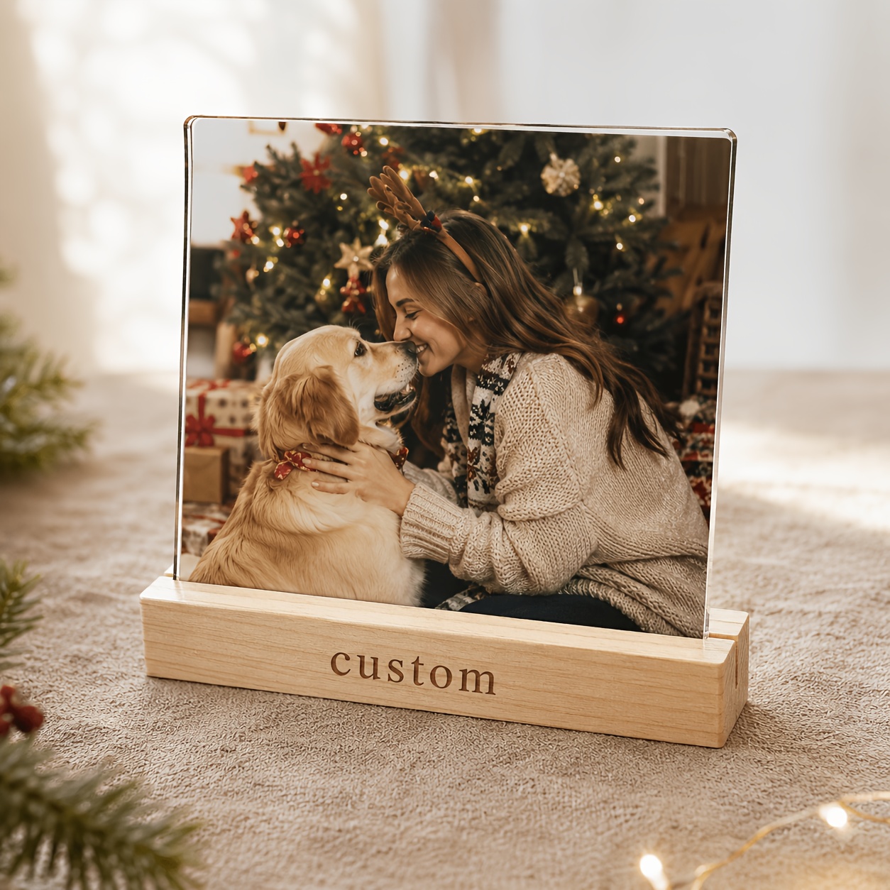 TEMU 2d Flat, Personalized Photo Frame With Custom Text/photo Suitable For Picture Display, Acrylic Frame & Pine Wood Base Desktop Ornament -