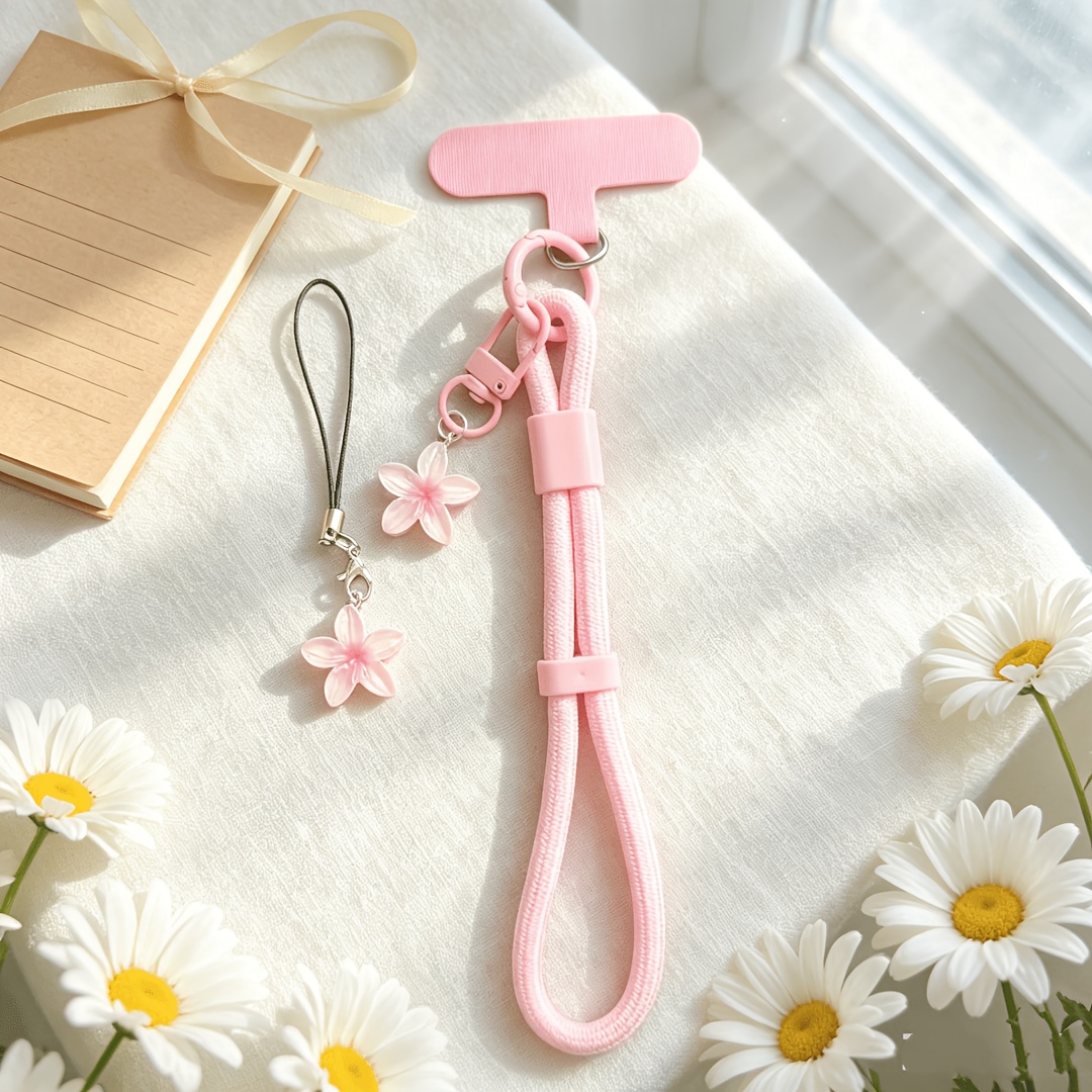 TEMU 2pcs Transparent Cherry Phone Lanyard Wrist Strap + Matching Cherry Small Lanyard, Cute Flower Phone Bracelet With Lanyard, Five-petal Flower