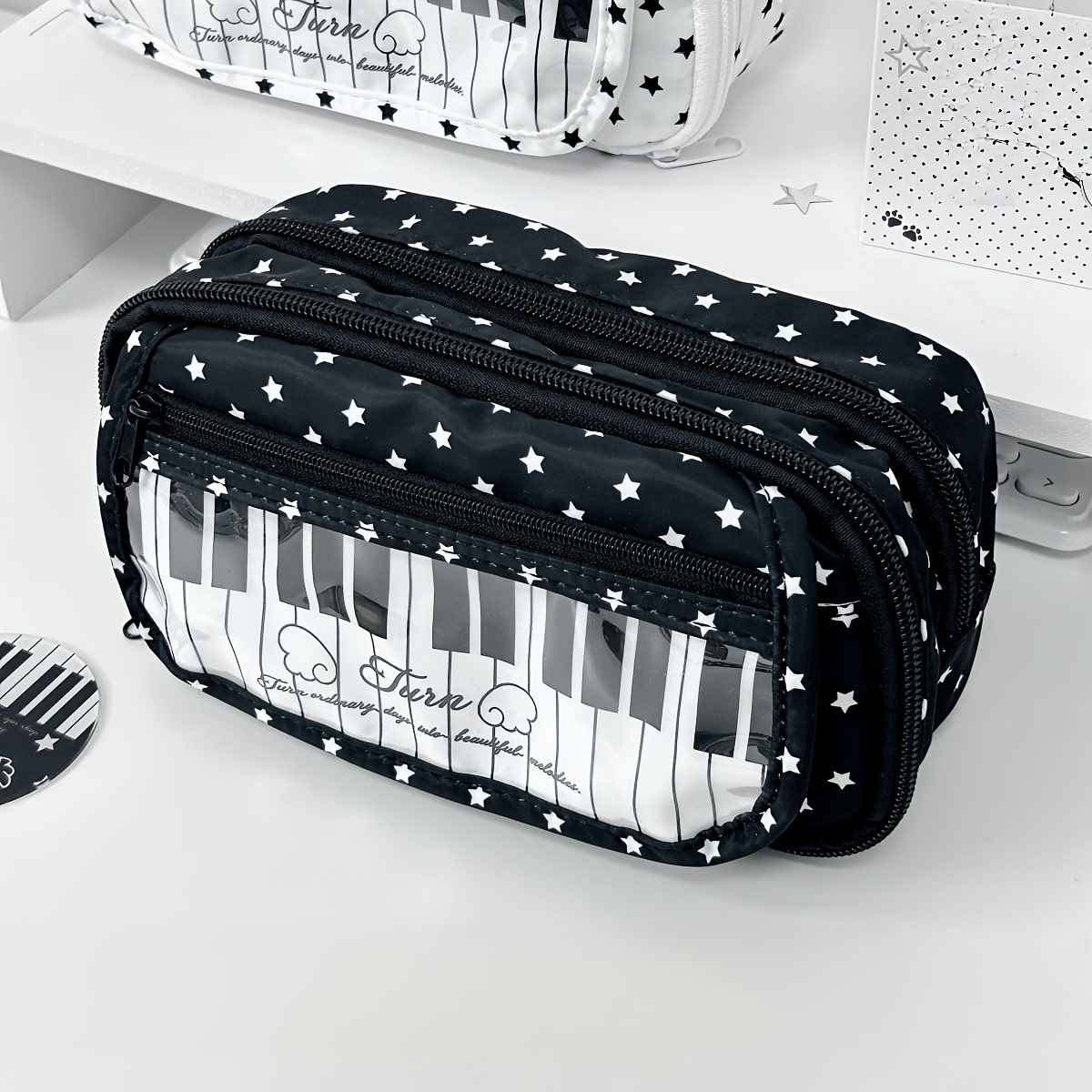 TEMU This Ins Aesthetic Black-and-white Piano Visual Pencil Case Has Large Storage. Great For School To Hold Pens, Refills, Stickers And Small Items.