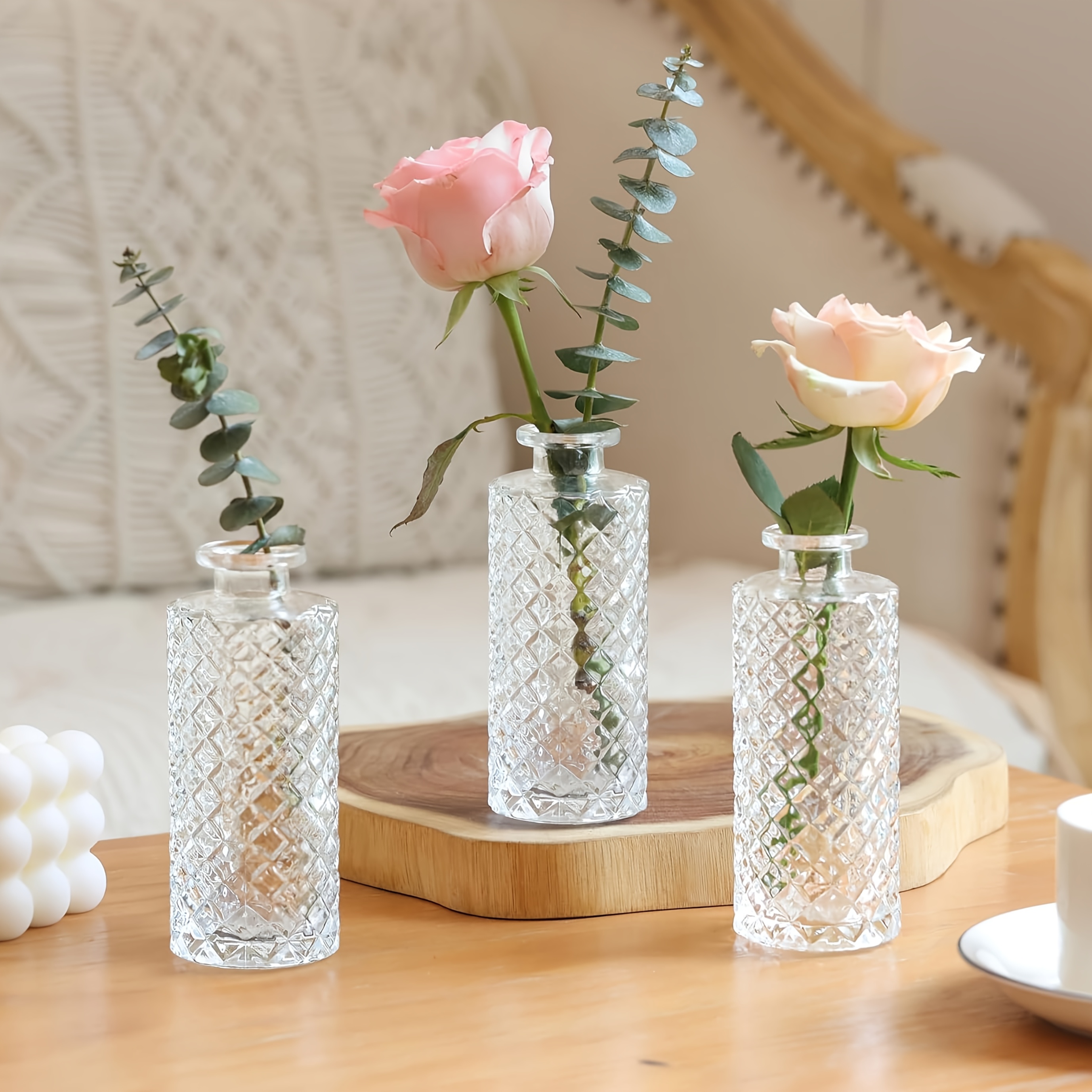 Image of Glass Bud Vases Set Of 3, Small Flower Vases In Bulk, Mini Diamond Vases For Centerpieces, Clear Vintage Vases For Table Decorations, Wedding, Party, Receptions, Home Decor, Tinpec