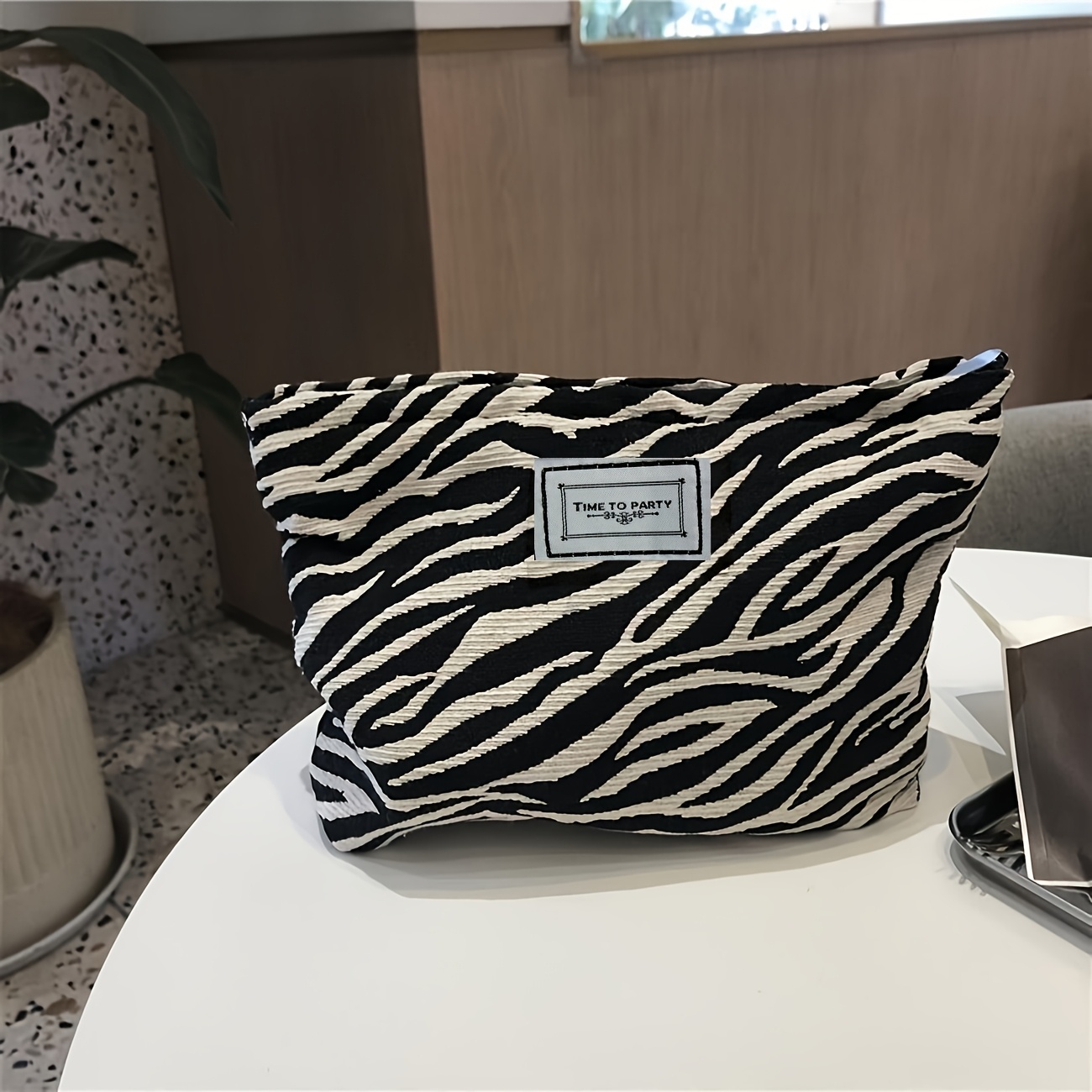 Image of 1pc Ins - Inspired Zebra Print Makeup Bag | Spacious Travel & Daily Organizerlightweight, Smooth - Zippered Design | Chic Black & White | Ideal For Students & Women | Compact With Durable Pockets