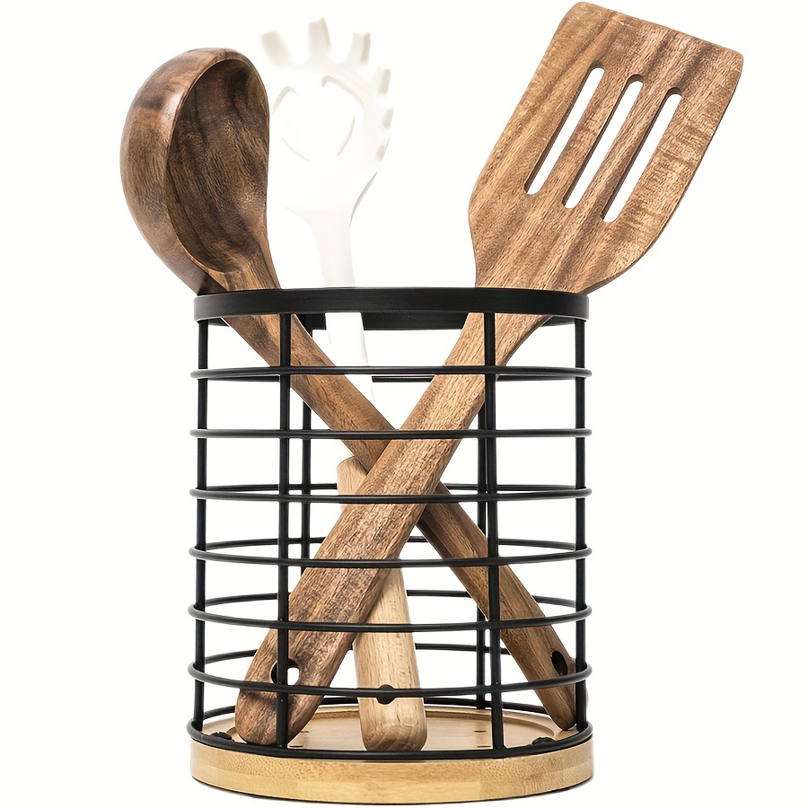 

Contemporary Bamboo And Metal Kitchen Utensil Holder With Drainable Base - Large Round Cutlery Storage Rack For Spatulas, Spoons, And Cooking Tools - 1 Piece.