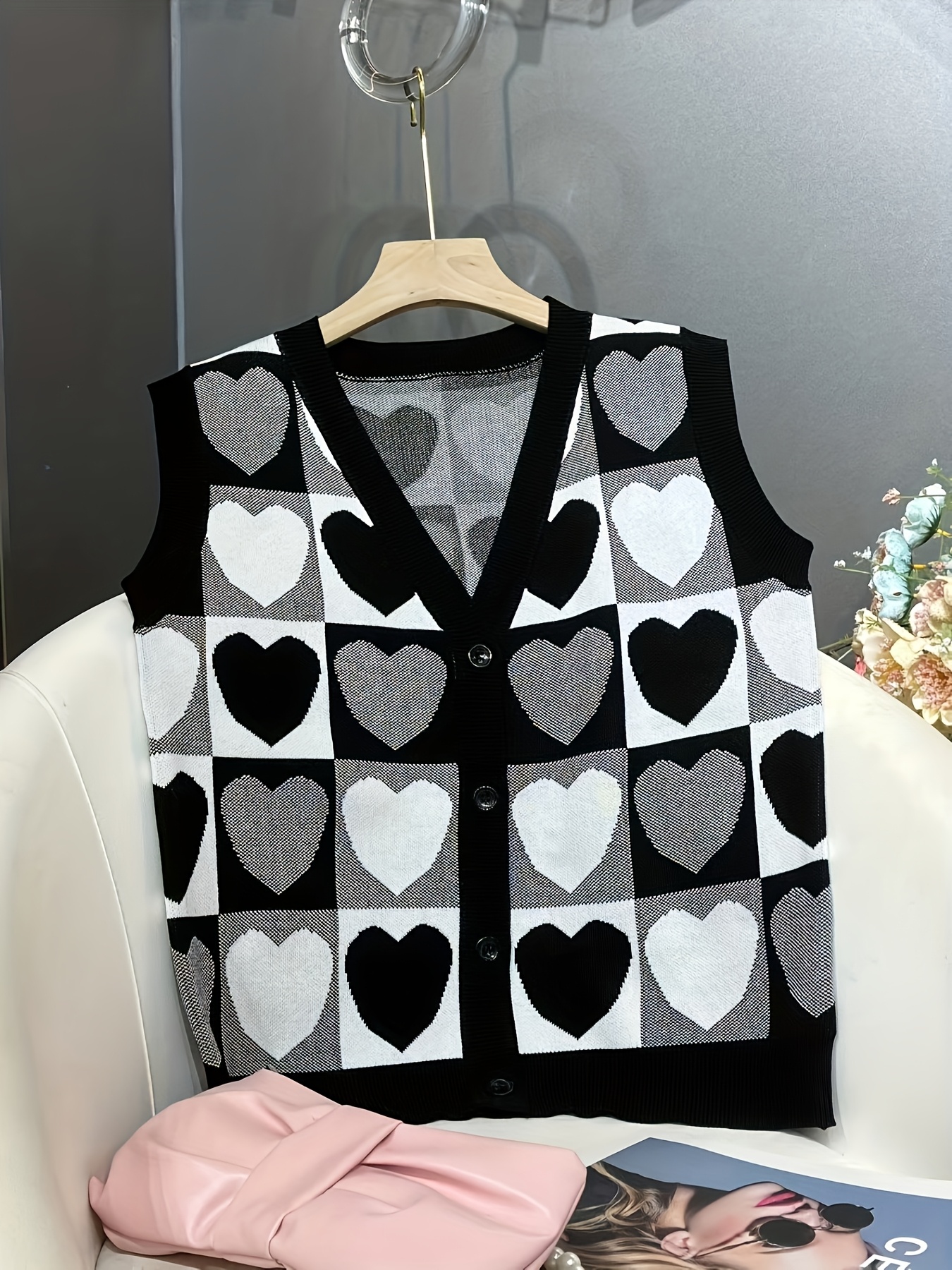 YY103070 Elegant Women'S Color Block Spliced Casual Heart Pattern V-Neck  Cardigan Knit Sweater Vest D216