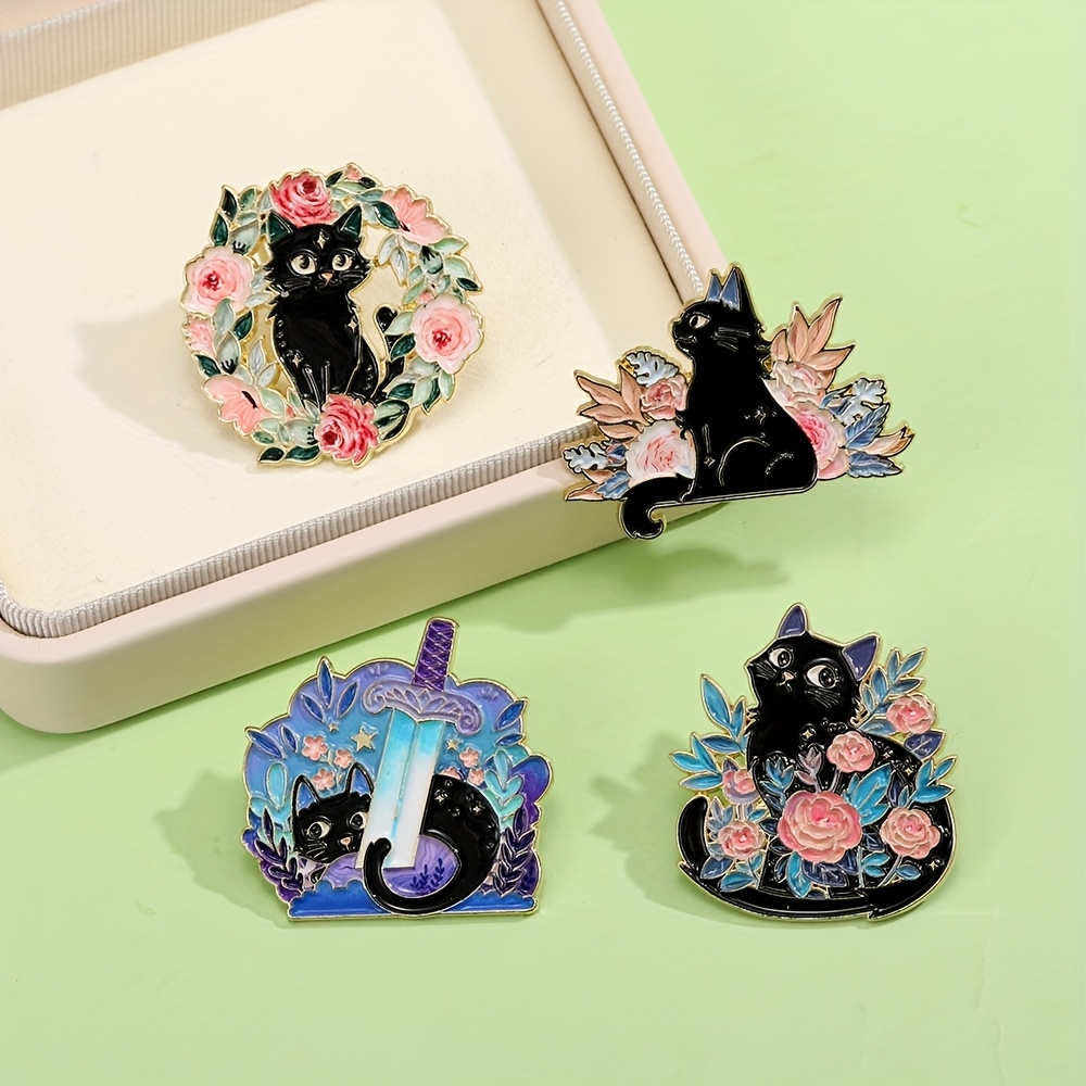 1pc/4pcs Black Cat Enamel Pin Rose , Pastel - Leaf-design, Sword & Starry - Floral Decorate Designs. Great For Accessorizing Hats, Bags, Clothes. Perfect Gift For Cat Lovers & Fashion Enthusiast