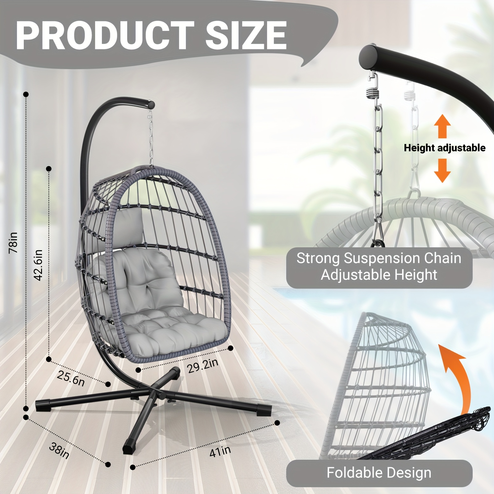   egg chair with stand sturdy rattan wicker hanging swing for patio porch or garden thickened aluminum   uv resistant cushion 350lbs capacity grey easy to assemble comfortable for indoor outdoor use egg chair for outside details 3