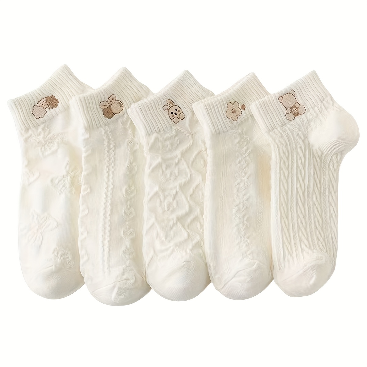 TEMU 5 Pairs Women's Ankle Socks - Breathable Mesh With Cute Cartoon Floral & Heart Patterns, White Casual Outdoor Sports Socks, Soft Polyester For