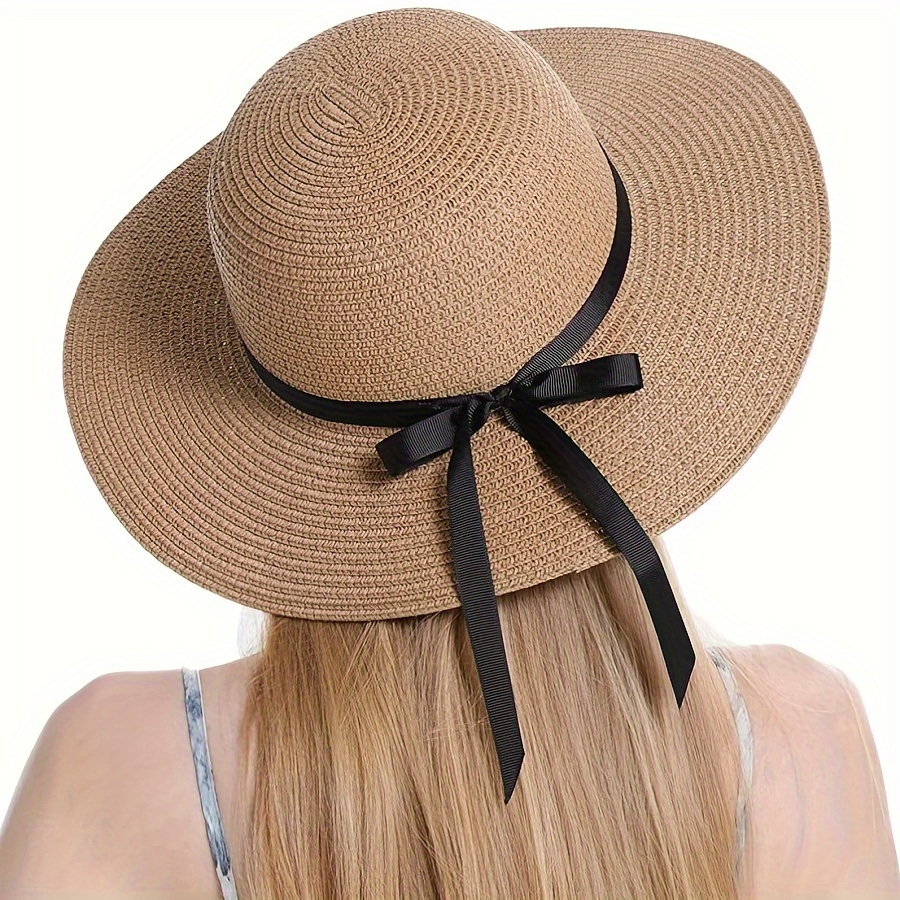 

Women's Bohemian Wide-brim Straw Hat With Floral Bow, Fashionable Summer Sunhat With Windproof String, Perfect For Outdoor Activities, Beach Vacations, Wedding Season, And Sun Protection Gift.