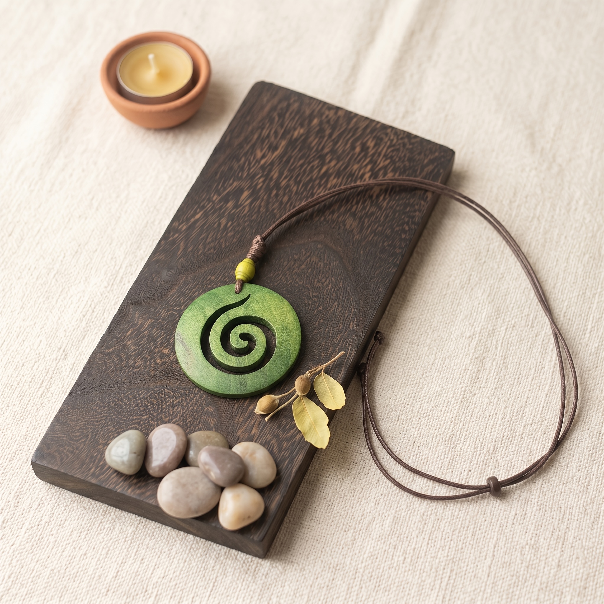 Bohemian Wood Spiral Necklace with Adjustable Wax Knot
