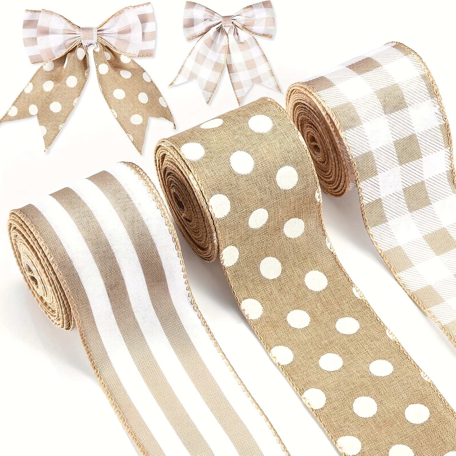 3 rolls of rustic burlap ribbon with stripes polka dots and   patterns 2 5 x 15 yards   diy crafts party decorations and   party decorations rustic decor durable ribbon 0