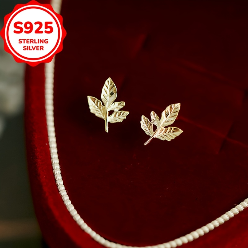 Women's S925 Silvery Mini Maple Leaf Earrings, Hypoallergenic