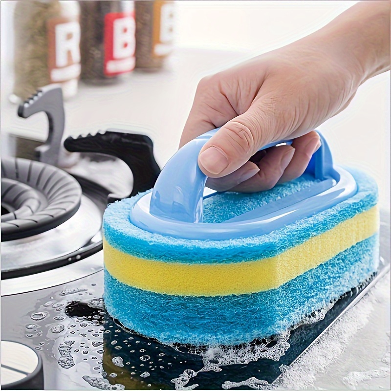 

Handle-grip Sponge Scrubber For Bathroom, Kitchen, Tile, And Glass, Polyester Fiber, Heavy Duty Scrubbing Pad - Blue - Scrub Brush For Commercial And Home Use