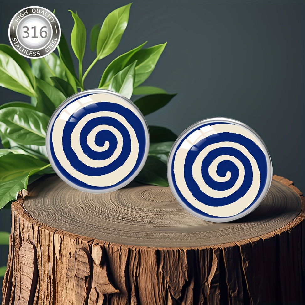 Image of 1pair Blue Threaded Swirl Stud Earrings Steel Hypoallergenic Material Inlaid With Convex Glass, Suitable For Daily Wear, Parties And Vacations, Gift
