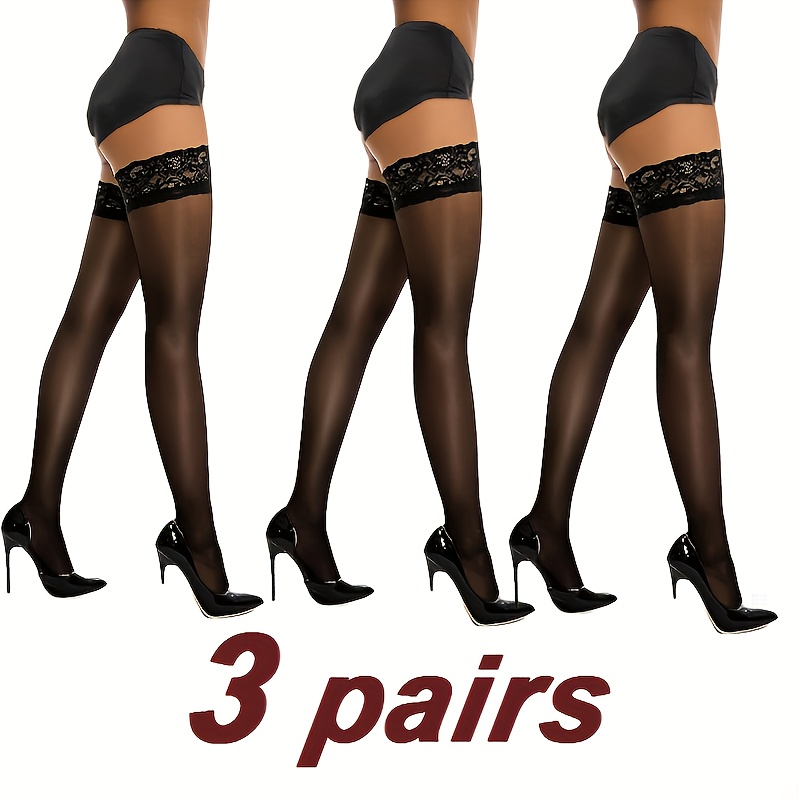 Image of 3 Pairs Women's Elegant Over-the-knee Socks Floral Lace Design Sheer Comfortable Black White Nude Hand Wash Recommended Versatile Casual Outfits Year Round Wear Soft Stretchy