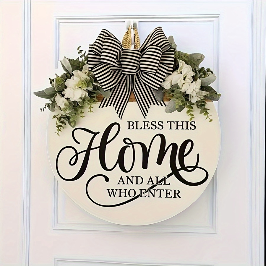 

1pc Bless This Home Wooden Door Sign Hanging, Welcome Porch Wall Sign With Bow-knot Wreath, Bless This Home And Who Enter Sign Housewarming Gift For Kitchen/entryway/porch/front Door