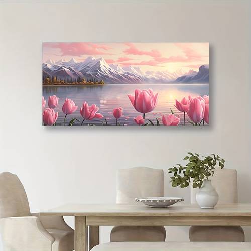 Landscape Theme Framed Canvas Wall Art - Wood Frame Wrapped Canvas Hanging Decor, Flower Background Poster for Living Room and Bedroom, Gift for Her/Him, Ready to Hang - 19.6x39.3 inches