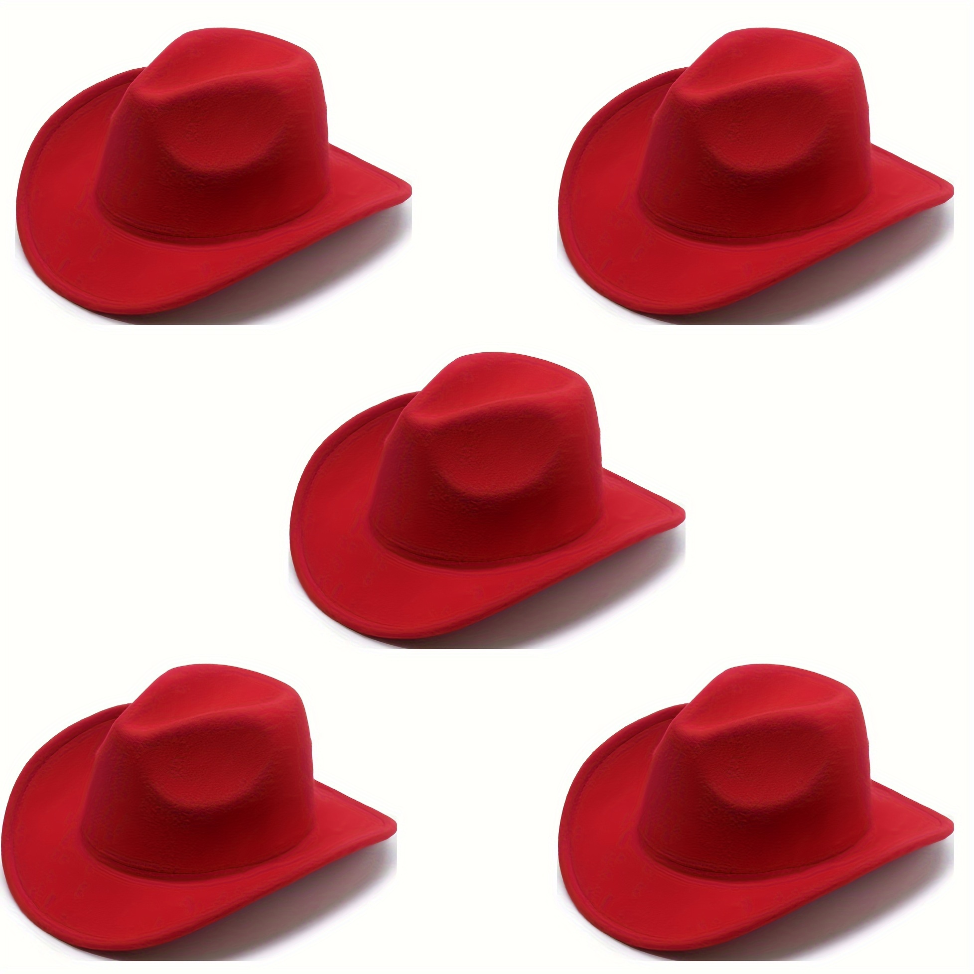 TEMU 5-pack Polyester Red Cowboy Hats For Parties, Lightweight Unembellished Jazz Caps With Firm Brim Support, Inelastic Yarn-dyed , Featherless