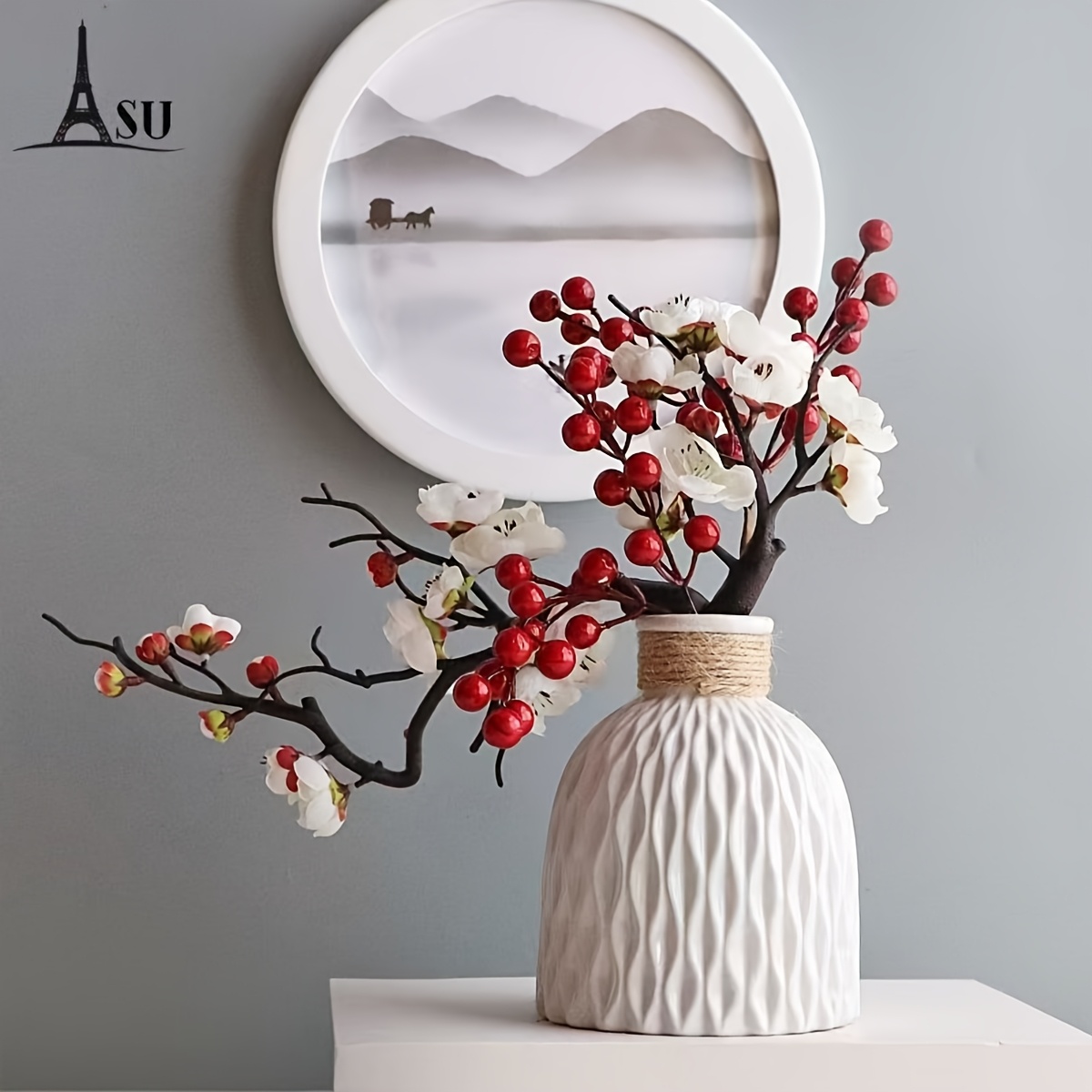 Image of 1 Set Of Simulated Plum Bonsai Set (with Vase), Room Restaurant Artificial Flower Potted Ornaments, Suitable For New Year, Easter, Hanukkah And 's Day Holiday Decorations