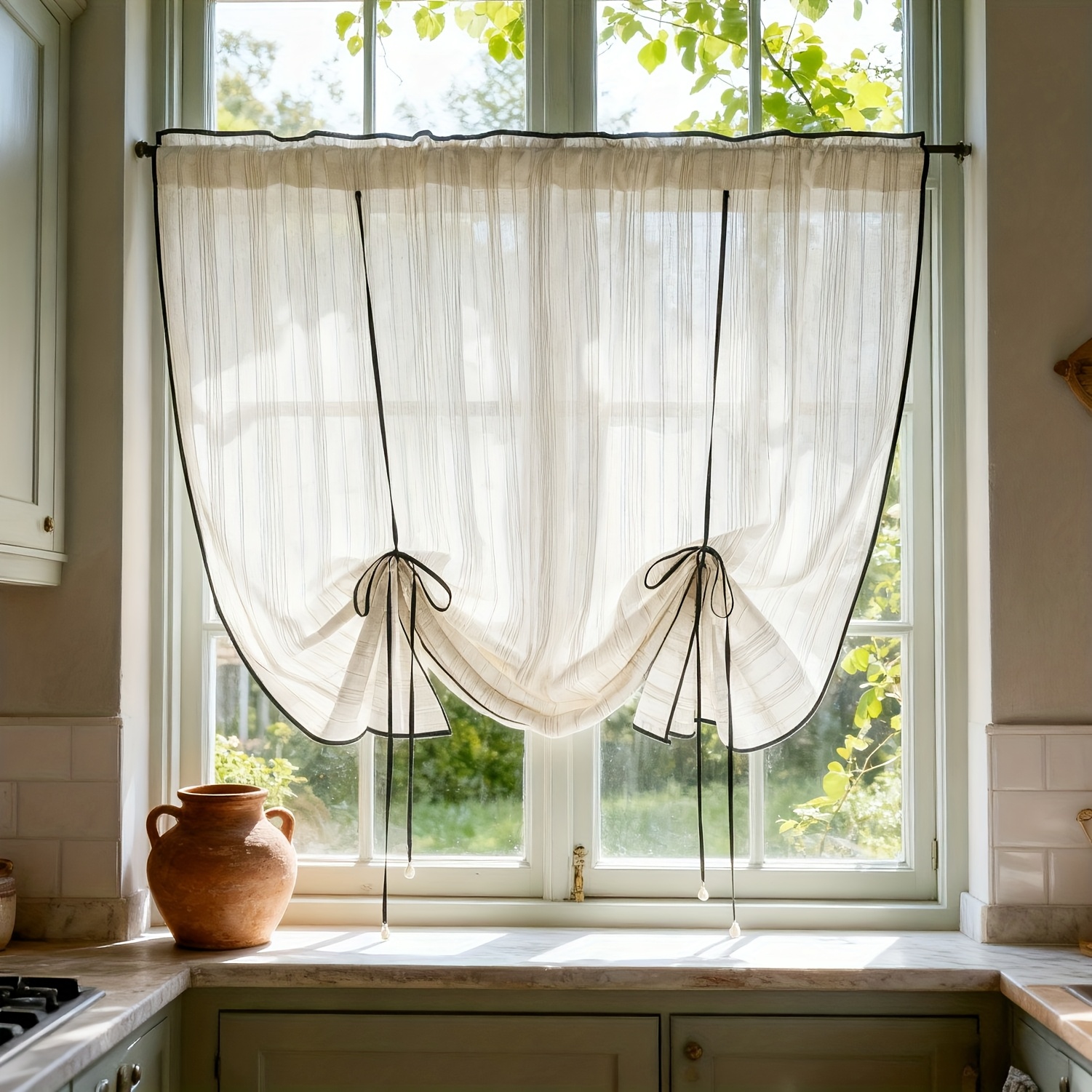 Image of 1 Panel Aifish French Country Black Sheer Curtain Panel - Striped Filtering Semi-transparent Drapes With Cord Pocket, French Window For Kitchen, Living Room, Dining Room (black/striped,)
