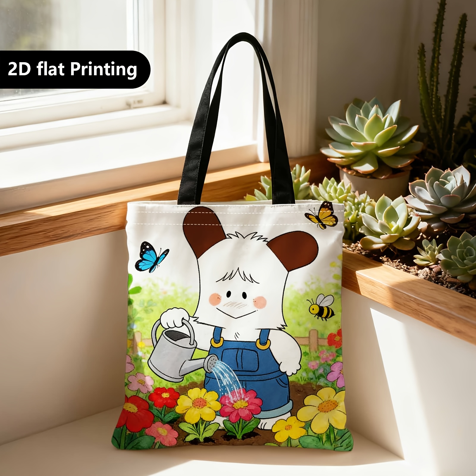 TEMU Shopper Bag,shopping Portable Shoulder Back Hand-held Bag,2d Double-sided Ing,cute Bear Gardening, Butterflies, Ing Flowers,suitable For Travel,