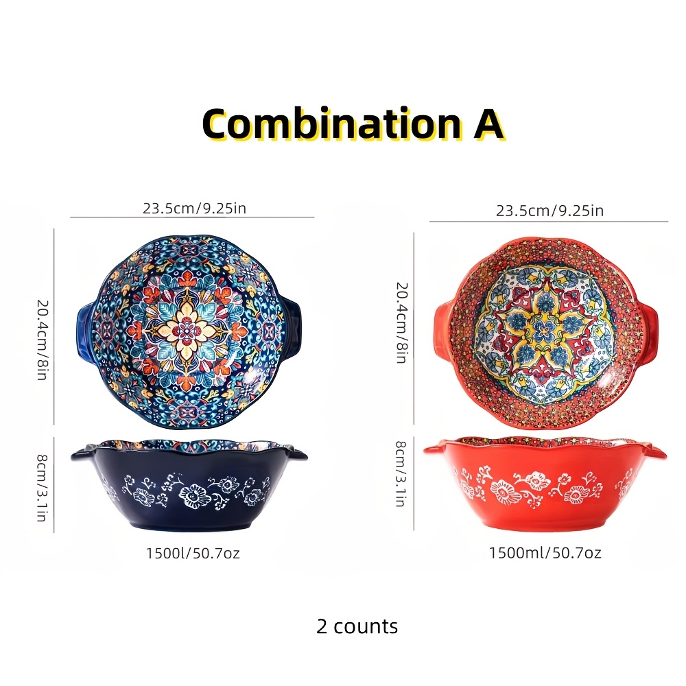 Image of 2pcs Bohemian Double-ear Soup Bowl Home Ceramic High-value Fruit Salad Bowl, 9.25-inch Large Bowl Soup Pot Household Salad Dish, Grain Soup Pot Tableware Ramen Bowl Soup Pot Heat Resistant