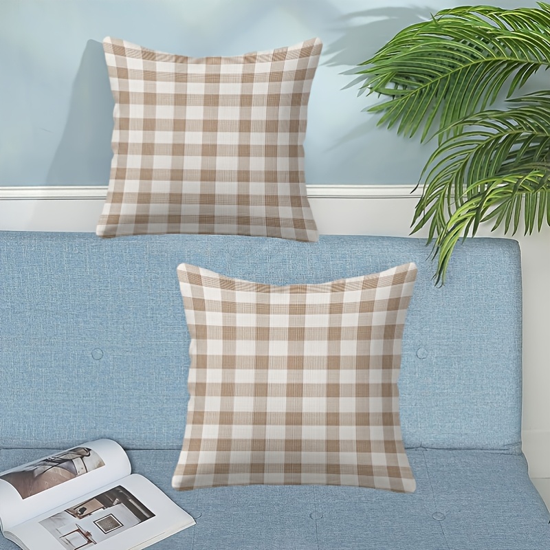 TEMU 2D Plat - 2pcs Housses de coussin à carreaux, Fibre de polyester Marron Blanc. Housses de coussin pour canapé de salon et chambre à coucher,