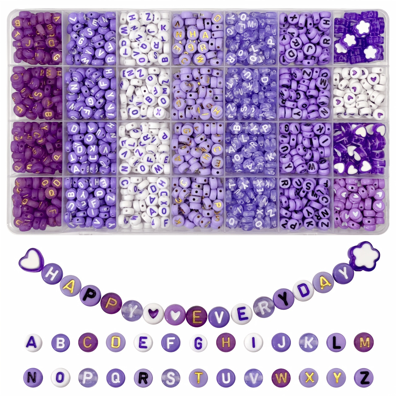 TEMU Lot de 1480 perles alphabet violettes en acrylique et perles fleur de cœur pour la fabrication de bijoux DIY avec boîte de rangement - Perles