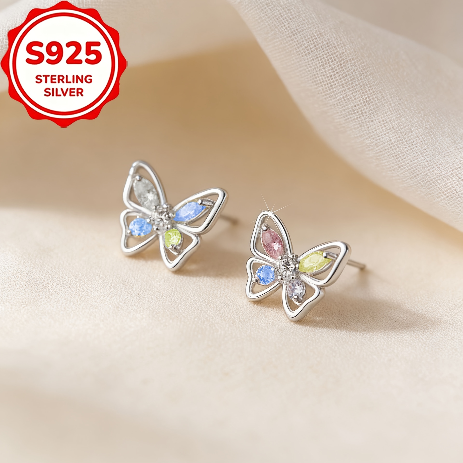 Women's S925 Silver Hollow Butterfly Stud Earrings with Multicolor Zirconia